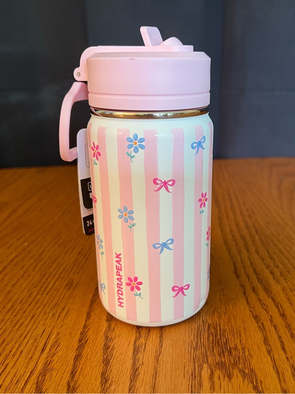 14 oz Hydrapeak White w/Pink Stripes, Daisies & Bows Water Bottle